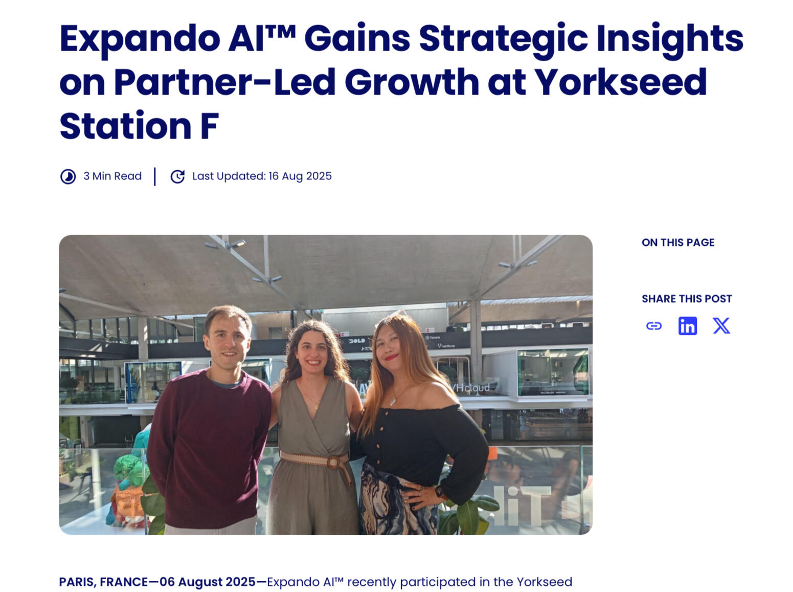 CLICK ON THE IMAGE TO READ MORE - Expando AI™ Gains Strategic Insights on Partner-Led Growth at Yorkseed Station F (Paris, Aug 2025)
