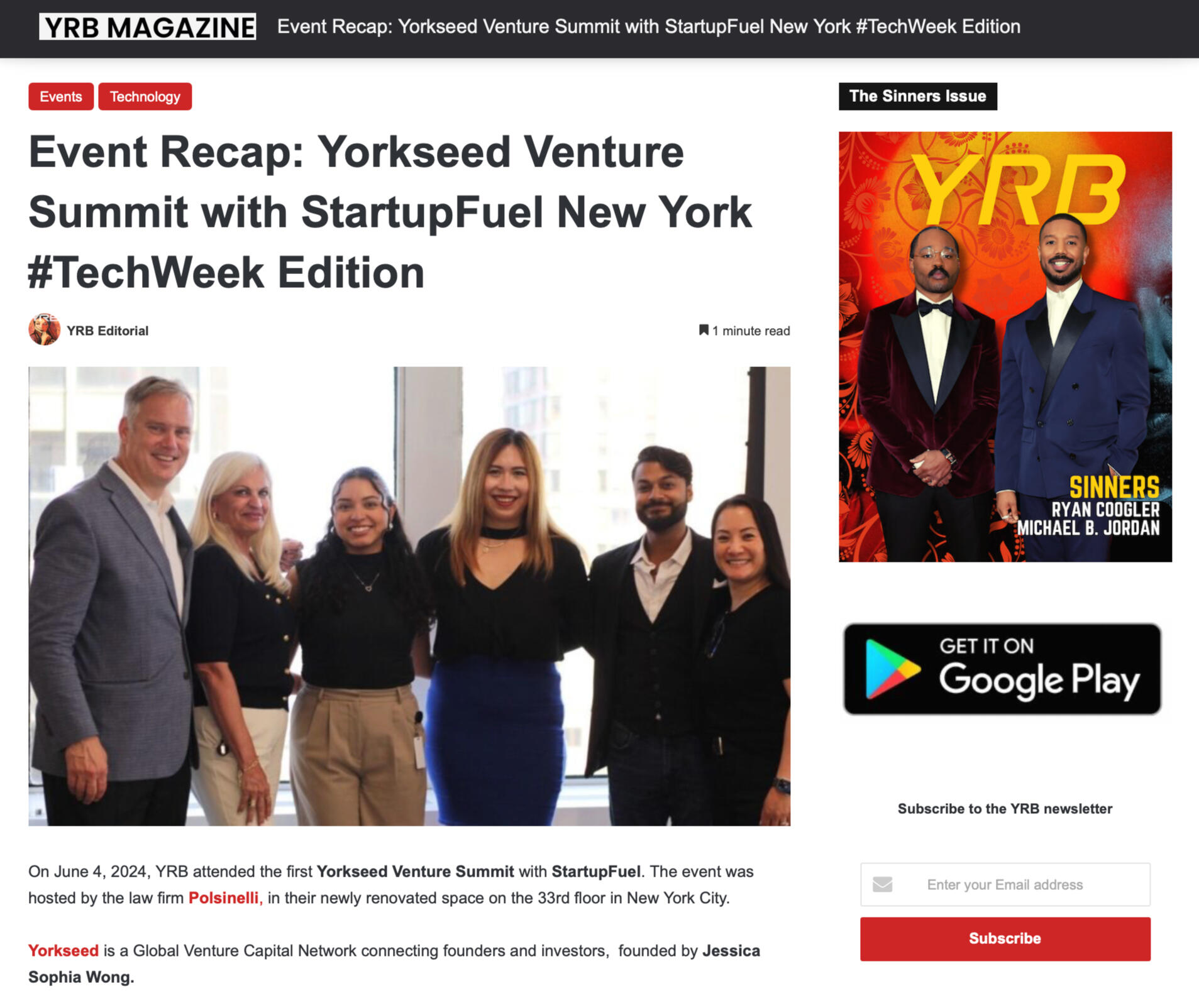 CLICK ON THE IMAGE TO READ MORE - Yorkseed Venture Summit with StartupFuel – New York Tech Week Edition (YRB Magazine, Jun 2024)