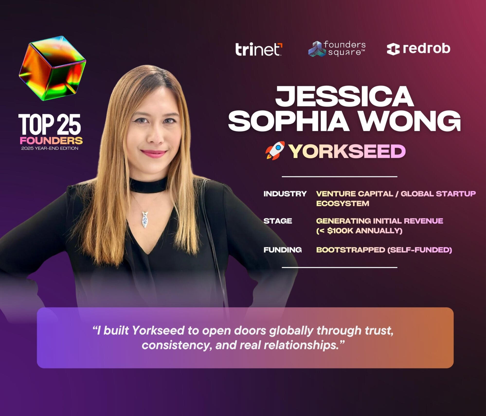 FOUNDER SQUARE — TOP 25 FOUNDERS YORKSEED Jessica Sophia Wong, Trinet, Redrob